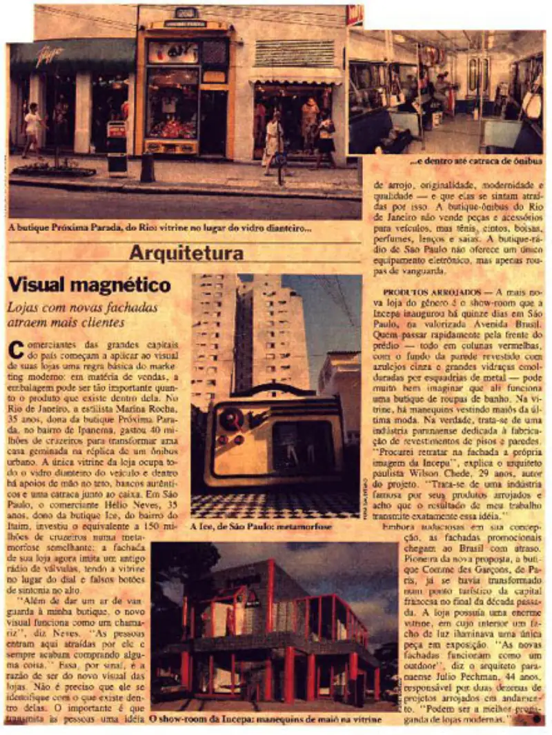 Recorte de revista sobre loja projetada, registro de reconhecimento em arquitetura