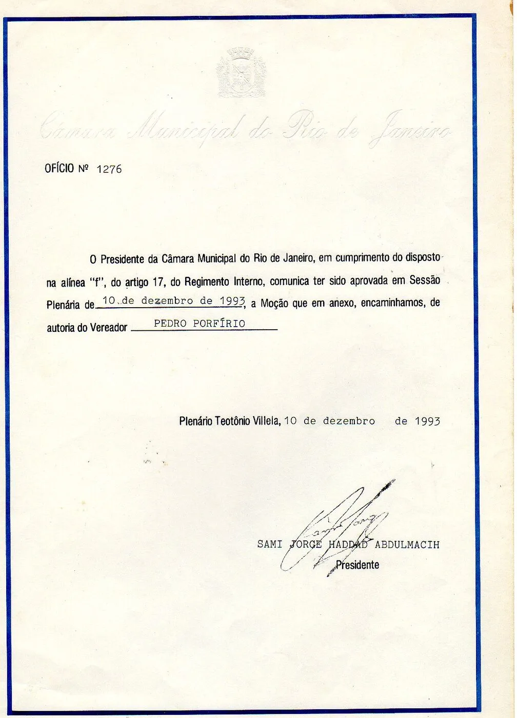 Medalha/Diploma - Câmara Municipal do RJ